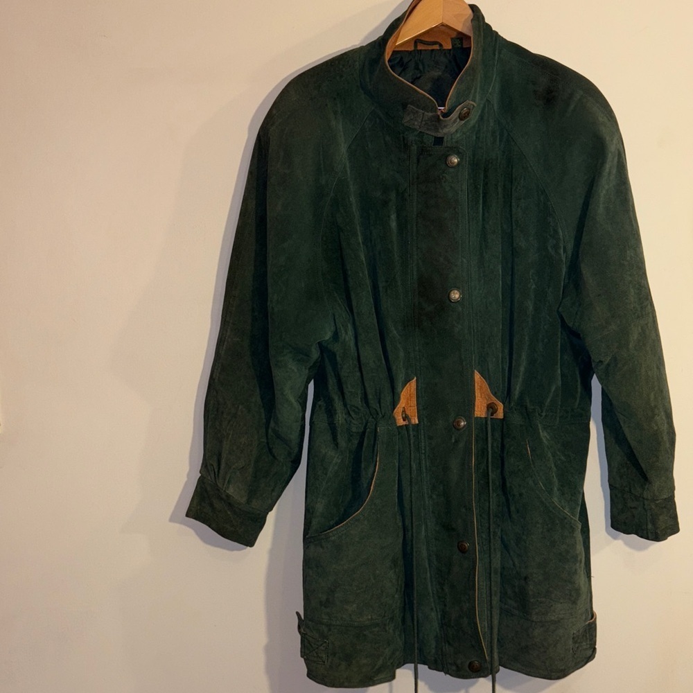 Vintage 1990s Dark Green Suede Jacket with Tan Accents Winter Fashion Coat 2X - Picture 3 of 17